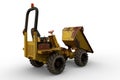 3D rendering of a dirty yellow construction dumper truck with muddy tyres viewed from rear perspective isolated on a white