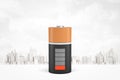 3d rendering of discharged battery on white city skyscrapers background. Royalty Free Stock Photo