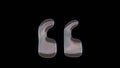 3D rendering of distorted transparent soap bubble in shape of symbol of quote left isolated on black background