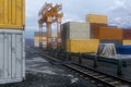 3D rendering of a docklands yard with railway track and crane between stacks of shipping containers
