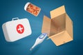 3d rendering of doctor`s case, electrical thermometer, jar full of pills and empty cardboard box on blue background.