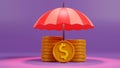 3D rendering of dollar coins under an umbrella, business income protection, safe income, financial savings insurance, Investments