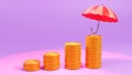 3D rendering of dollar coins under an umbrella, business income protection, safe income, financial savings insurance, Investments