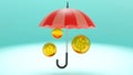 3D rendering of dollar coins under an umbrella, business income protection, safe income, financial savings insurance, Investments