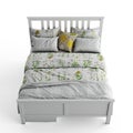 3D rendering of a double bed with bedclothing on it on white background