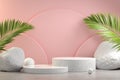 3d Rendering Double Step Podium Stand, Pink Pastel, Nature Rock Palm Scene Background