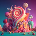 3D rendering. A dream like world. Made from candies and sweets. cartoon game background