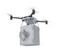 3d rendering of drone with camera carrying locked light gray money safe isolated on white background.