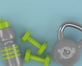 3d rendering of dumbbells, kettlebell and gym shaker on fitness