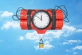 3d rendering of a dynamite bundle with a time bomb and with a little hot-air balloon gondola attached to it in the blue