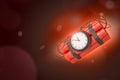 3d rendering of dynamite bundle with time bomb on red gradient bokeh background with copy space. Royalty Free Stock Photo