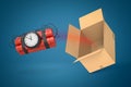 3d rendering dynamite bundle with timer bomb flying out of cardboard box, suspended in air on blue background.