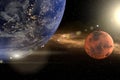 3d rendering from the earth as closeup with the planets mars and sun in the background Royalty Free Stock Photo