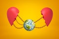 3d rendering of earth globe chained between two red broken heart pieces on yellow background. Ecology and environment Royalty Free Stock Photo