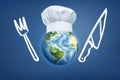 3d rendering of earth globe with chef hat, knife and fork drawn on blue background Royalty Free Stock Photo