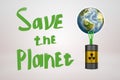 3d rendering of earth globe stuck to black toxic waste barrel with green sticky slime and Save the Planet sign on white