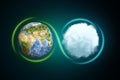 3d rendering of the Earth next to a white round fluffy cloud with a light line traced around them forming an infinity