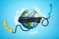 3d rendering of Earth with phone wires bound around it and two phone receivers floating beside in bright blue sky. Royalty Free Stock Photo