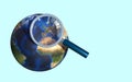 3D rendering of the Earth planet with magnifying on color background searching location, navigation icon sign concept