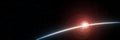 3D Rendering of earth from space with run rising and ray light flare at horizon among glowing stars in galaxy. Royalty Free Stock Photo