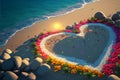 3D rendering of the edge of the white beach. painting floral hearts and stone