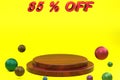 3d rendering Eighty Five Percent Off, Yellow Color and Display Wooden Texture Royalty Free Stock Photo