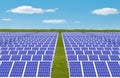 3d rendering. electric energy generator system, solar cells panels field farm industry on green grass land with blue sky as backgr Royalty Free Stock Photo
