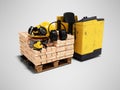3d rendering of an electric forklift with pallet of bricks with construction tools on gray background with shadow