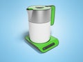 3D rendering electric kettle with green accents on blue background with shadow