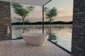 3d rendering of elegant bathroom with freestanding bathtub in fr Royalty Free Stock Photo
