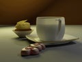 3d rendering porcelain coffee cup and chocolate hearts and cream cake