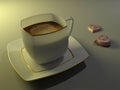 3d rendering porcelain coffee cup and chocolate hearts