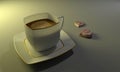 3d rendering porcelain coffee cup and chocolate hearts