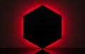 3d rendering. Empty black hexagon shape space frame with red neon light retro design stage wall background. Royalty Free Stock Photo