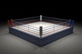 3d rendering of an empty boxing ring in the dark with its center spotlighted.