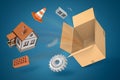 3d rendering of empty cardboard box, small house, warning cone, piece of spring coil, bricks, and gearwheel suspended in