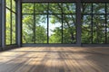 3D rendering of an empty modern room with a large window and wooden floors. Royalty Free Stock Photo