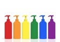 3d rendering. Empty no label LGBTQ color plastic liquid bottle row on gray background.