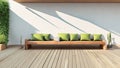 A 3d rendering of an empty outside wooden wall with a tropical-style garden, a tropical-style tree, and sunlight.