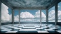 3D rendering of an empty room with sky and clouds background. Generate AI. Royalty Free Stock Photo