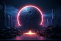 A 3D rendering envisions a moon like planet aglow with radiant neon lights