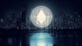 3D Rendering of Ethereum ETH coin on top of buildings in capital city during night time with reflection on puddles on wet street