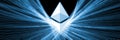 3D Rendering of Ethereum ETH glowing led hologram on abstract lines geometry background. For crypto currency market