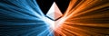 3D Rendering of Ethereum ETH glowing led hologram on abstract lines geometry red against blue color background.