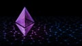 3D Rendering of Ethereum ETH glowing led hologram on Computer abstract data binary background.