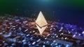 3D Rendering of Ethereum ETH glowing led hologram on Computer abstract data binary background.