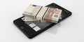 3d rendering 50 euro banknotes stacks on a smartphone