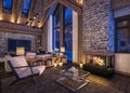 3D rendering of evening living room of chalet Royalty Free Stock Photo