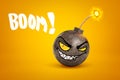 3d rendering of evil smiley cartoon ball bomb with fuse and BOOM sign on yellow background Royalty Free Stock Photo