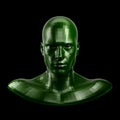 3D rendering. Faceted green robot face with black eyes looking front on camera.
